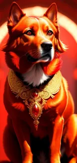 Regal dog with a golden collar against a red background.