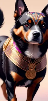 Regal dog with ornate gold collar in artistic style.