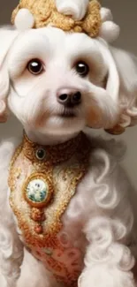 White dog in royal attire, charming and elegant.