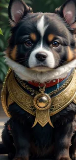 Regal dog in ornate armor sitting gracefully on a pathway.