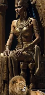 Regal Egyptian queen seated with lion in majestic gold attire.