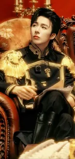 Man in regal outfit sitting on ornate chair with rich maroon backdrop.