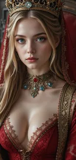 Regal woman in luxurious red attire with ornate jewelry.