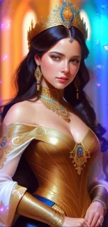 Regal fantasy princess with golden crown in elegant attire, perfect mobile wallpaper.