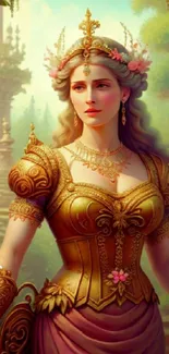 A regal fantasy princess in gold armor stands gracefully in a vibrant garden.