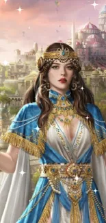 Fantasy princess in blue regal attire with a majestic castle in the background.