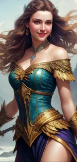 Elegant warrior woman in fantasy landscape with azure blue and gold attire.