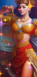 Majestic goddess in vibrant ornate attire, fantasy art wallpaper for mobile.