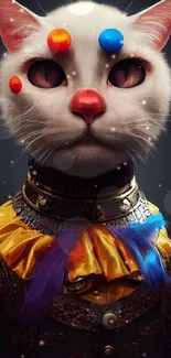 White cat in regal attire with colorful jewels on dark background.