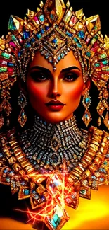 Elegant figure with intricate gemstone jewelry on gold background.