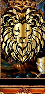 Gold lion with ornate frame and shield in regal mobile wallpaper.