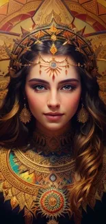 Regal woman with golden mandala headdress sitting against an ornate backdrop.