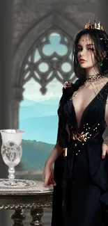 Stylish gothic figure in dark gown against a fantasy backdrop.