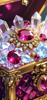 Golden treasure chest filled with colorful jewels and crystals.