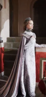 A regal lady in an elegant gown with a majestic setting.