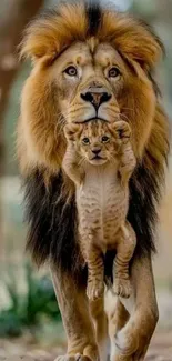 Majestic lion carrying its cub in the forest.