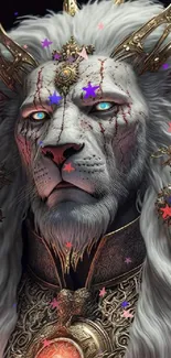 Majestic fantasy lion with royal armor and glowing jewels.