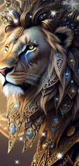 Majestic lion with fantasy armor in golden tones.