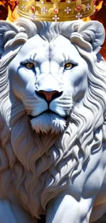 White lion with a crown against fiery backdrop.