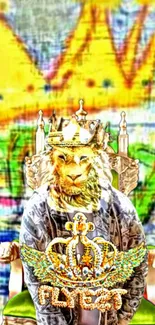 Lion with crown in graffiti art backdrop, vibrant and regal design.