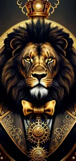 Regal lion in golden attire with crown and ornate details.
