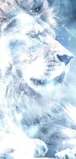 Majestic lion in a mystical, snowy winter backdrop.