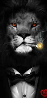 Majestic lion in tuxedo with cigar and glowing eyes on a dark background.