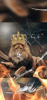 Crowned lion amidst flames and broken glass on a mobile wallpaper.