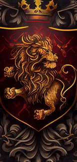 A regal lion shield with a crown, in dark red and gold colors.