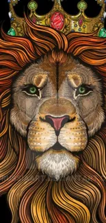 Majestic lion with a jeweled crown on a vibrant background.