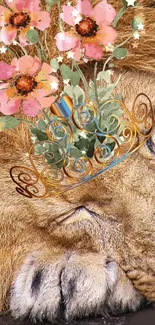 Lion with a floral crown, eyes closed, in a serene pose.