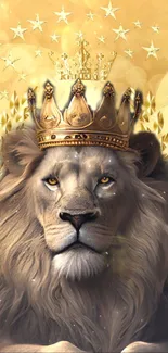 Majestic lion wearing a golden crown.