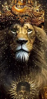 Lion with golden crown and sparkling stars in fantasy wallpaper.