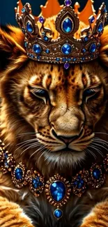 Lion wearing jeweled crown and necklace.