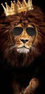 Majestic lion with crown and sunglasses on dark background.