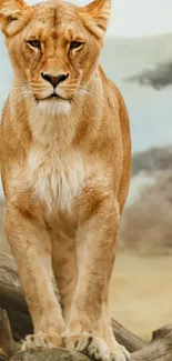 Regal lioness standing majestically on a log in a safari landscape.