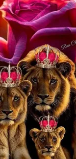 Lions wearing crowns with a vivid rose background.