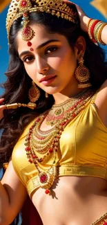 Regal woman in golden attire with stunning jewelry and traditional dress.