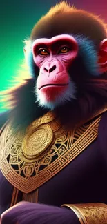 Regal monkey with golden details and vibrant background wallpaper.