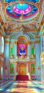 Vibrant regal palace interior with ornate architecture and colorful details.