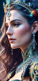 Elegant young woman in jewels and crown, artistic wallpaper.