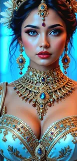 Fantasy art of a regal princess in ornate gold jewelry.