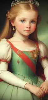 Elegant young princess in historical attire, with a crown and red cape.