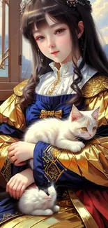 Princess with white cats in a regal setting.