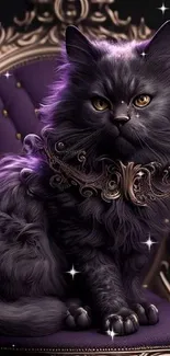 Majestic purple cat on ornate throne with golden eyes.