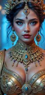 Regal woman in gold with intricate jewelry on blue background.