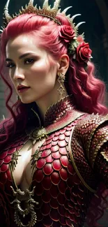 Red-haired lady in dragon armor with roses and intricate details.