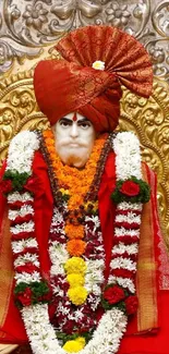 Ornate religious figure with colorful garlands on a golden background.