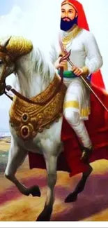 Majestic rider on a richly adorned horse with a vibrant red cape.