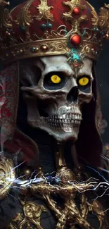 A regal skeleton in ornate crown with glowing eyes, surrounded by golden details.